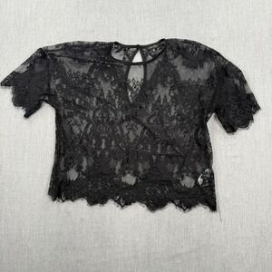 Dynamite Black Sheer Floral Lace Short Sleeve Top Blouse Keyhole Back M